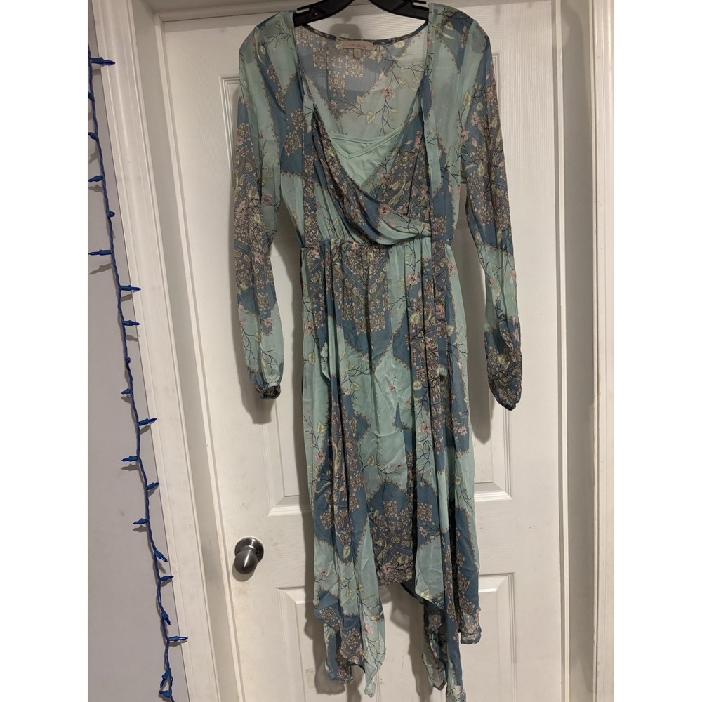 Wonderly Midi Dress Sheer Asymmetrical Hem Boho Flirty Blue Floral Medium